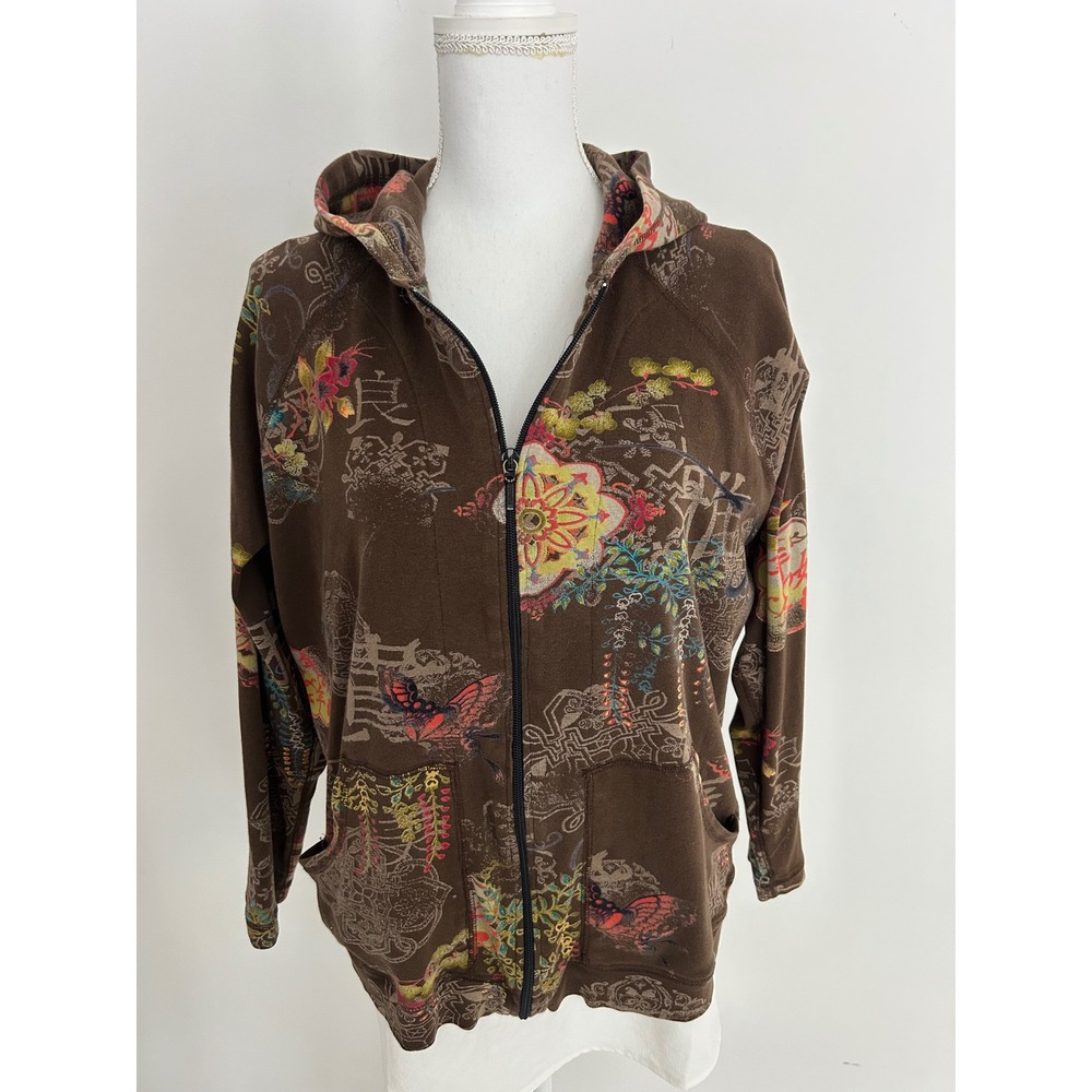 Spa by Chicos Brown Asian Floral Butterfly Print Zip Up Hoodie Cotton Size 2 L